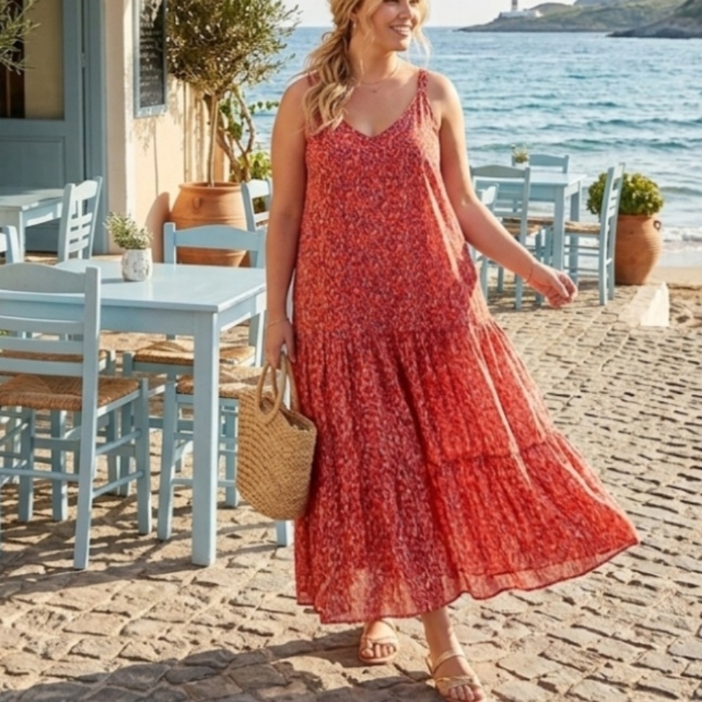 Joie Women's Wide Strap Tiered Red Pink floral Maxi Dress Size Medium